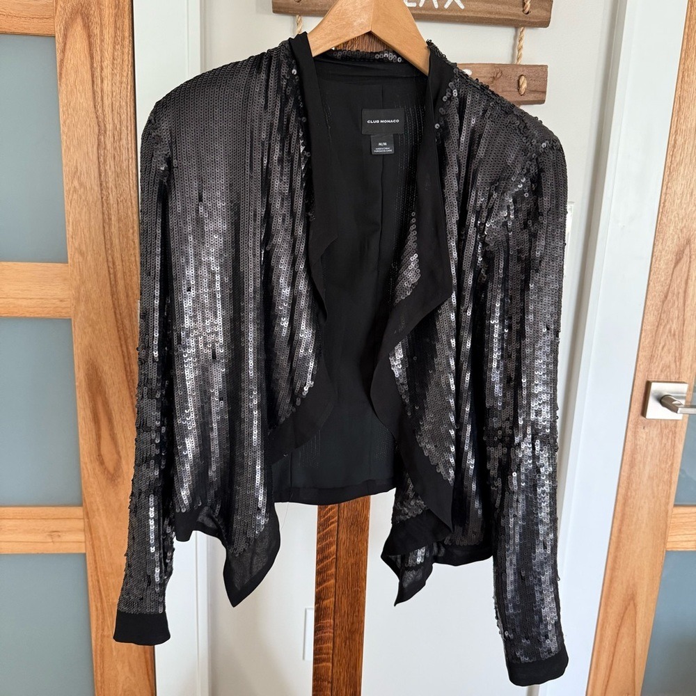 Club Monaco Cora Black Sequin Open Front Silk Blazer Jacket Women's Medium EUC - Picture 3 of 13